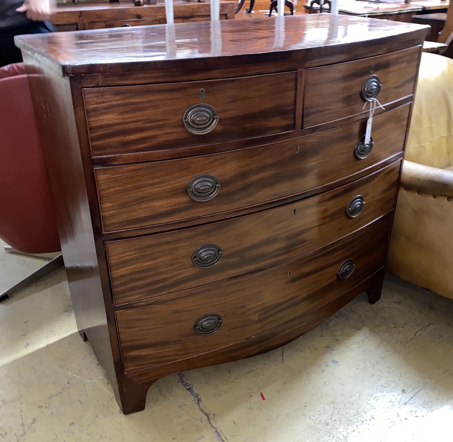 A Regency mahogany bowfront chest, width 107cm, depth 53cm, height 98cm